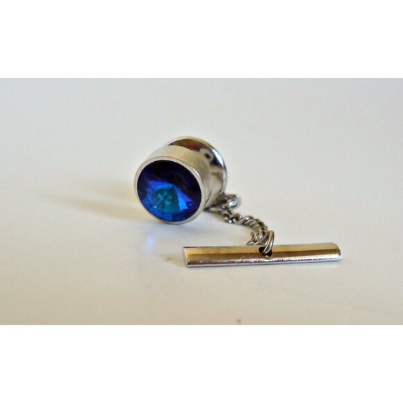 Vintage Cuff Links Tie Pin Blue Rhinestone Etched Retro Cufflinks MCM - Picture 4 of 5